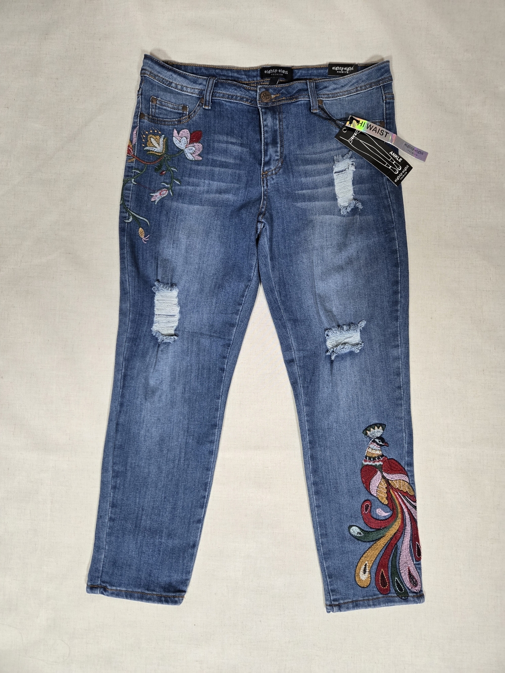 Eighty Eight Blue Distressed Slim Ankle Jeans with Colorful Embroidery